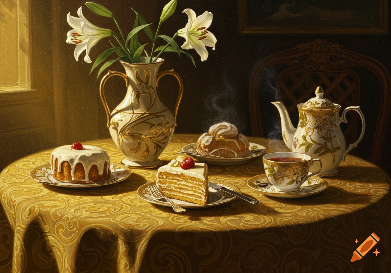 Art Nouveau oil painting of a table set with white lilies in a vase, various cakes, and a steaming teapot and teacup on a golden patterned tablecloth.