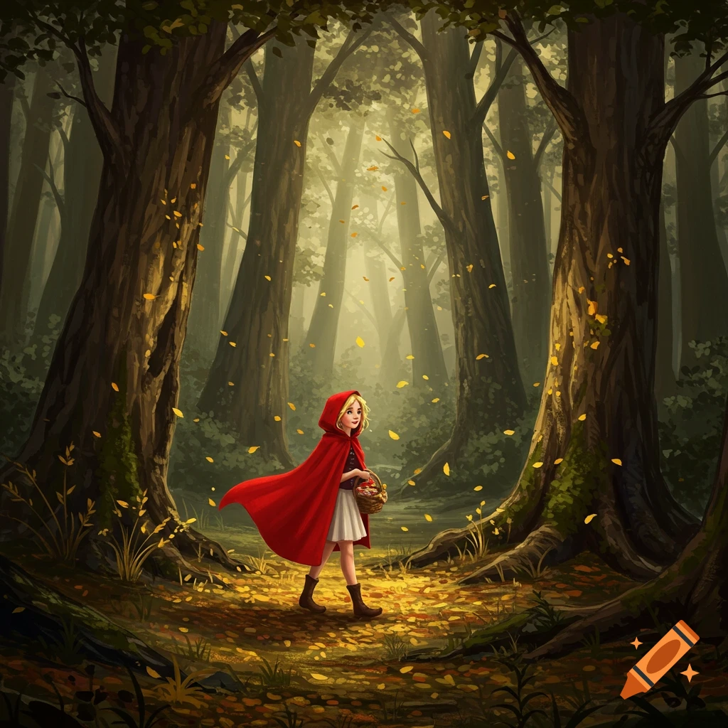 A young girl in a flowing red hooded cloak walks through a sun-dappled autumn forest filled with falling yellow leaves in a stylized illustration.