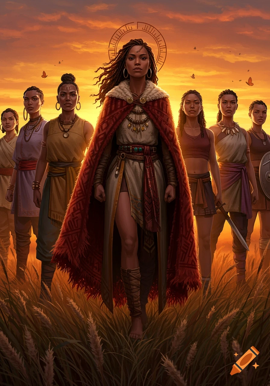 A diverse group of strong women, some with weapons, stand confidently in a grassy field at sunset, led by a woman in a red cloak.