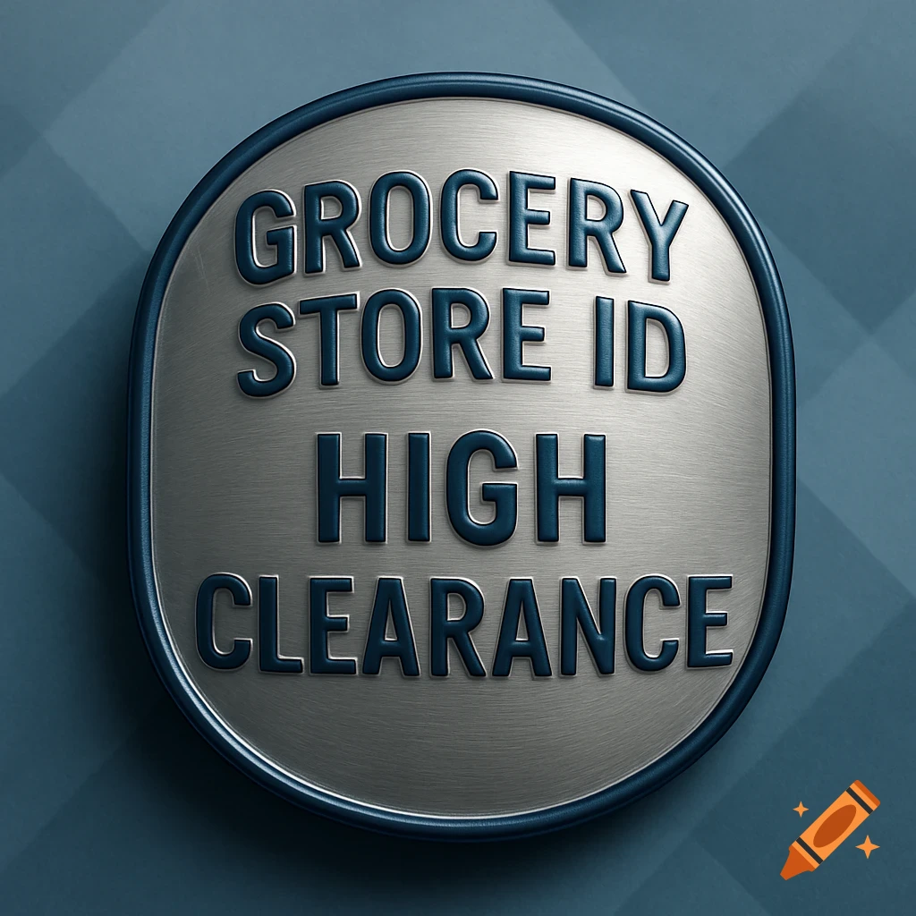 A metallic oval badge with a blue border, featuring the embossed text "GROCERY STORE ID" and "HIGH CLEARANCE" on a blue patterned background.