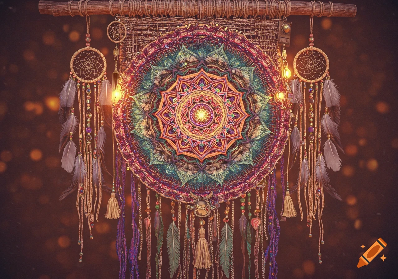 Colorful, intricate bohemian-style wall hanging featuring a central mandala design, dreamcatchers, feathers, and beads.