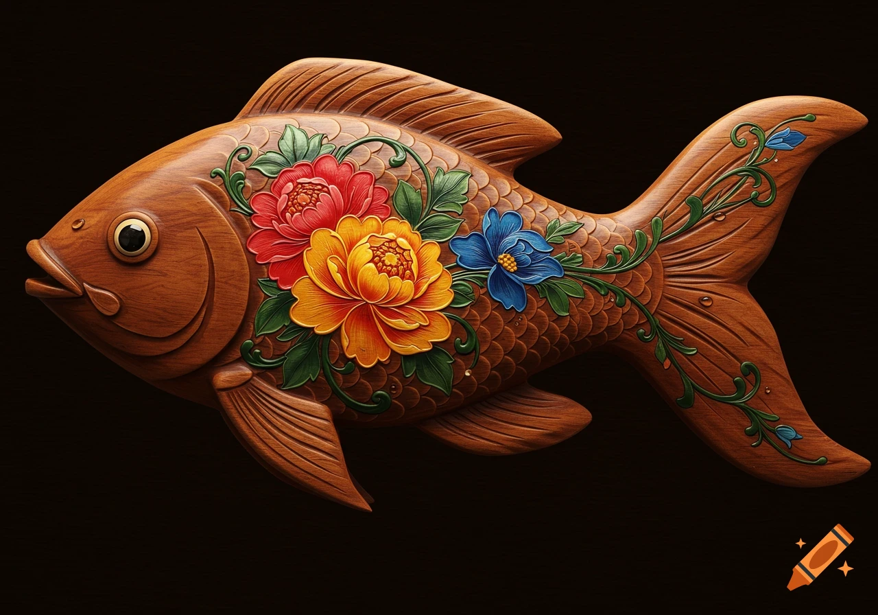 A richly detailed wooden fish carving adorned with vibrant red, yellow, and blue floral designs and green vines on a dark background.