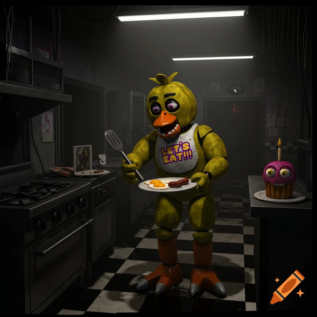 Chica from Five Nights at Freddy's holds a spatula and a plate of eggs and sausage in a dimly lit kitchen with a checkered floor.