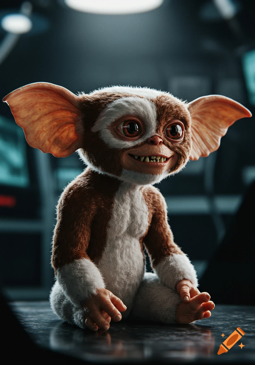 A brown and white fuzzy Gremlin creature with large ears and big red eyes sits on a dark reflective surface, smiling with sharp teeth.