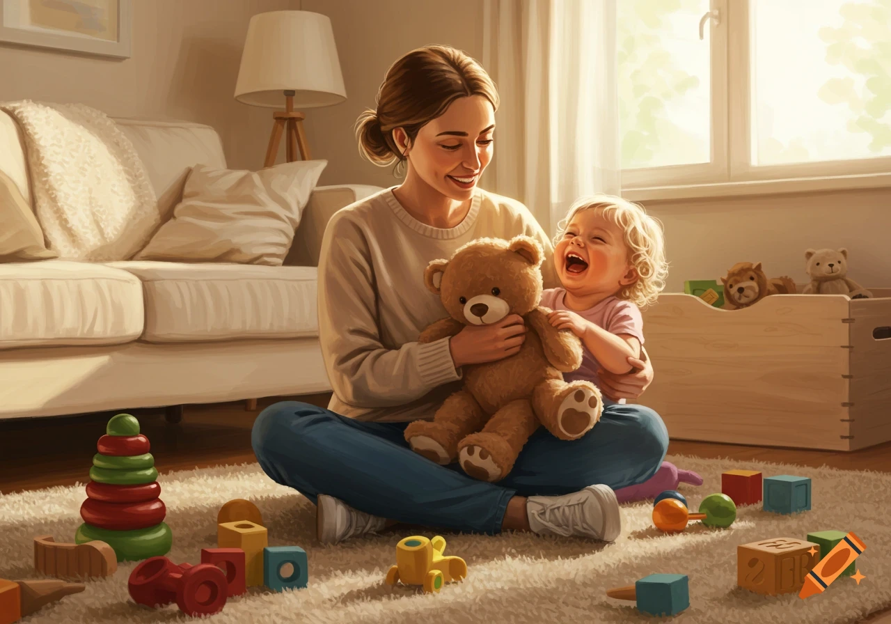 A woman and a laughing toddler play on a rug with a teddy bear and colorful blocks in a sunlit room.