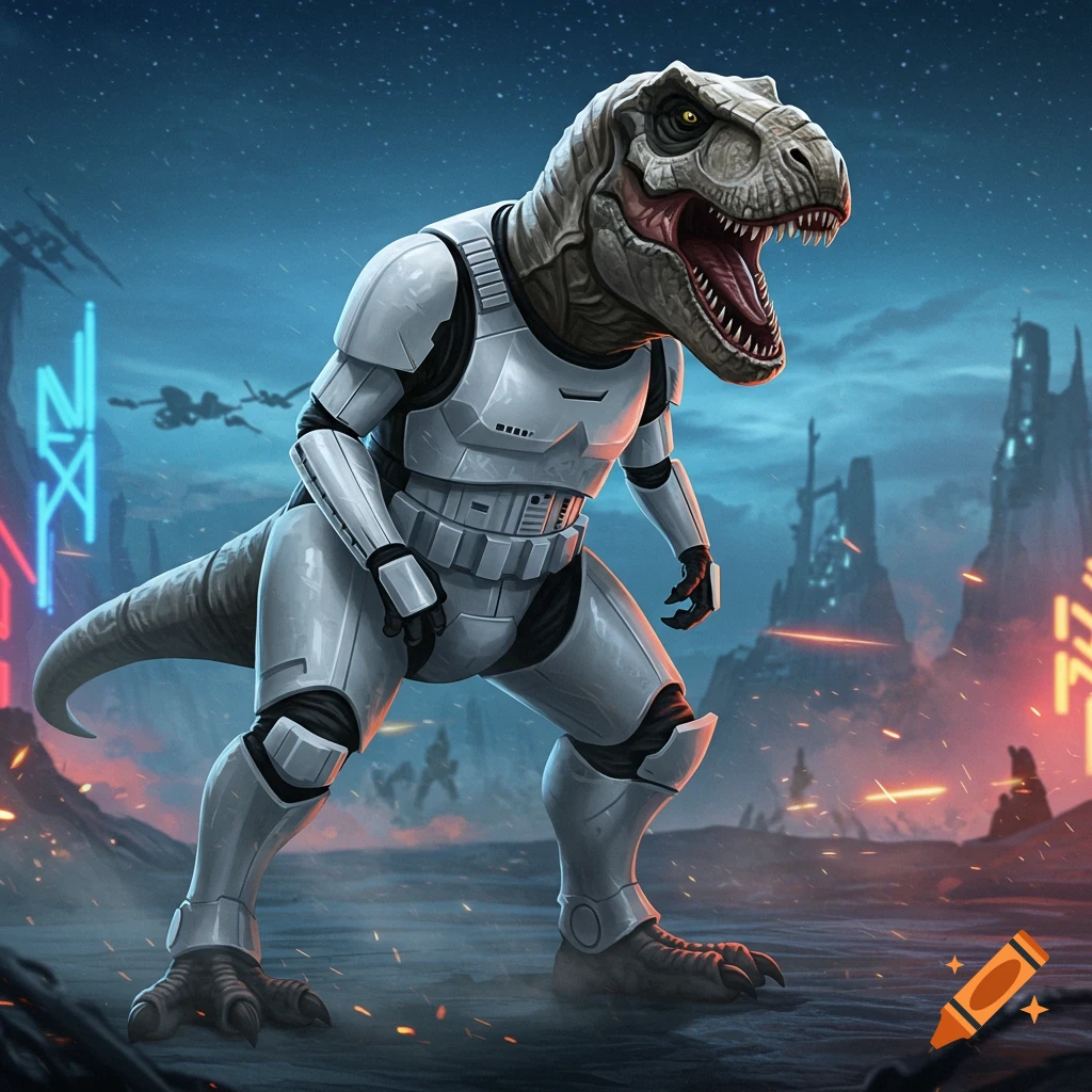 A T-Rex wearing white Stormtrooper armor stands in a futuristic, war-torn cityscape under a starry night sky, with glowing neon lights in the background.