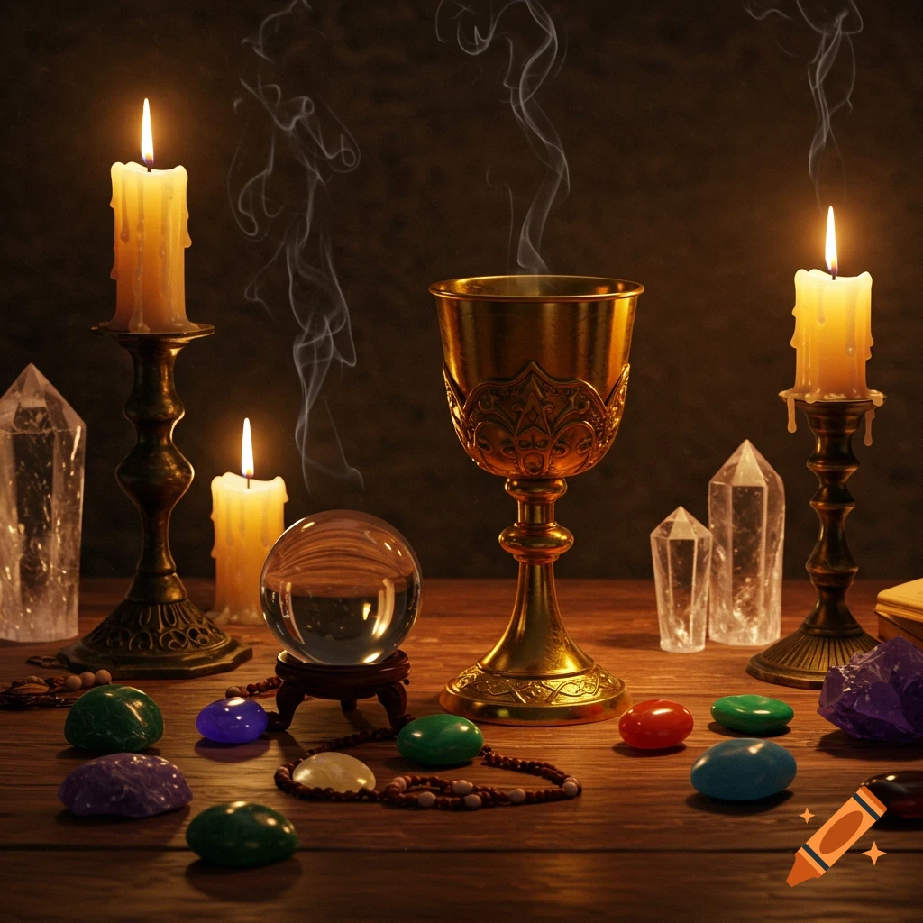 A mystical still life featuring two lit candles, a golden chalice, a crystal ball on a stand, and colorful tumbled crystals on a wooden table, with smoke curling in the background.