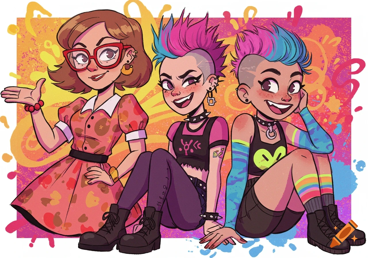 Three diverse cartoon women: one in a retro dress and glasses, two with colorful punk mohawks, piercings, and alternative outfits, against a vibrant splash background.