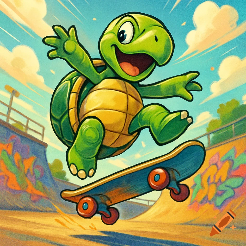 A vibrant cartoon turtle smiles mid-air, doing a kickflip on a skateboard in a sunny skate park with graffiti-covered ramps.