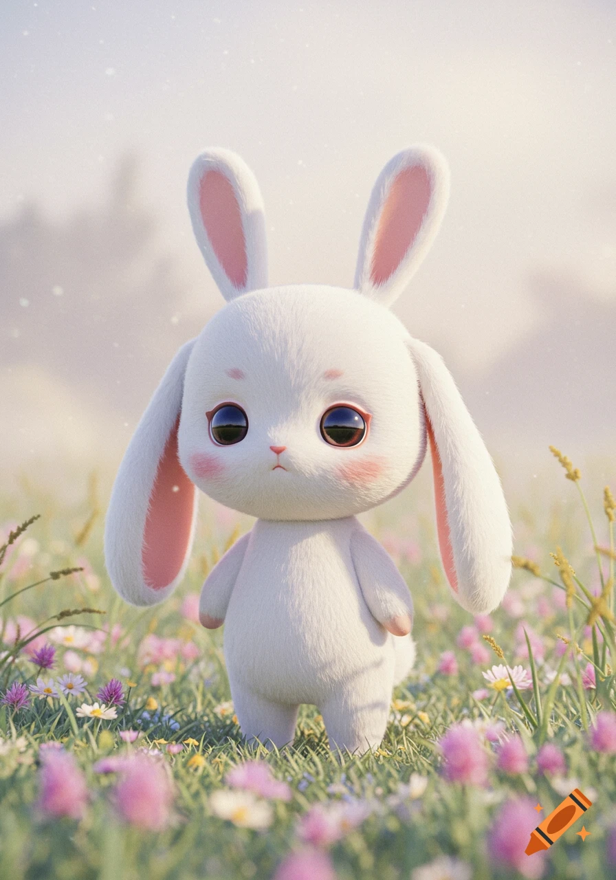 A fluffy, white, stylized chibi rabbit with large dark eyes and pink ...