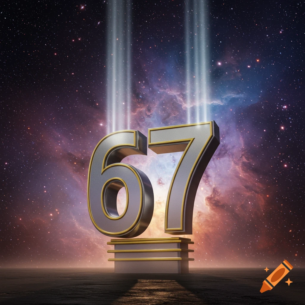 Metallic numbers '67' on a golden pedestal, illuminated by light beams in a cosmic nebula and starry sky.