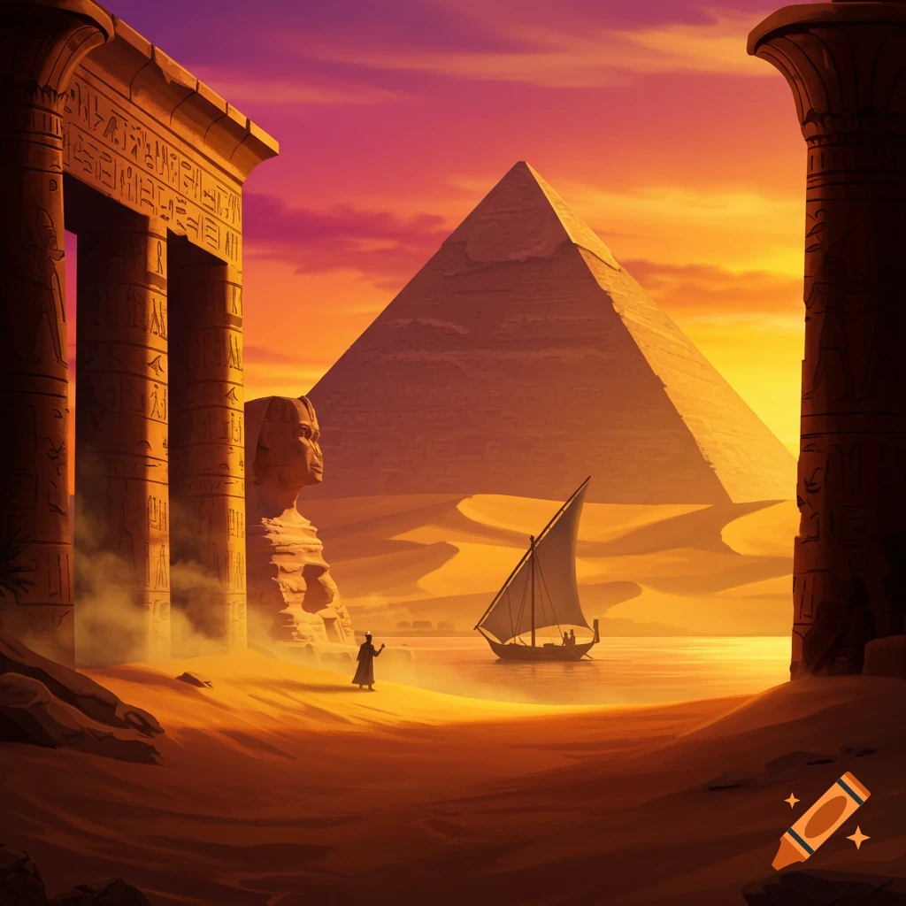 Animated sunset over an ancient Egyptian desert with a pyramid, sphinx, temple ruins, and a boat on a river.