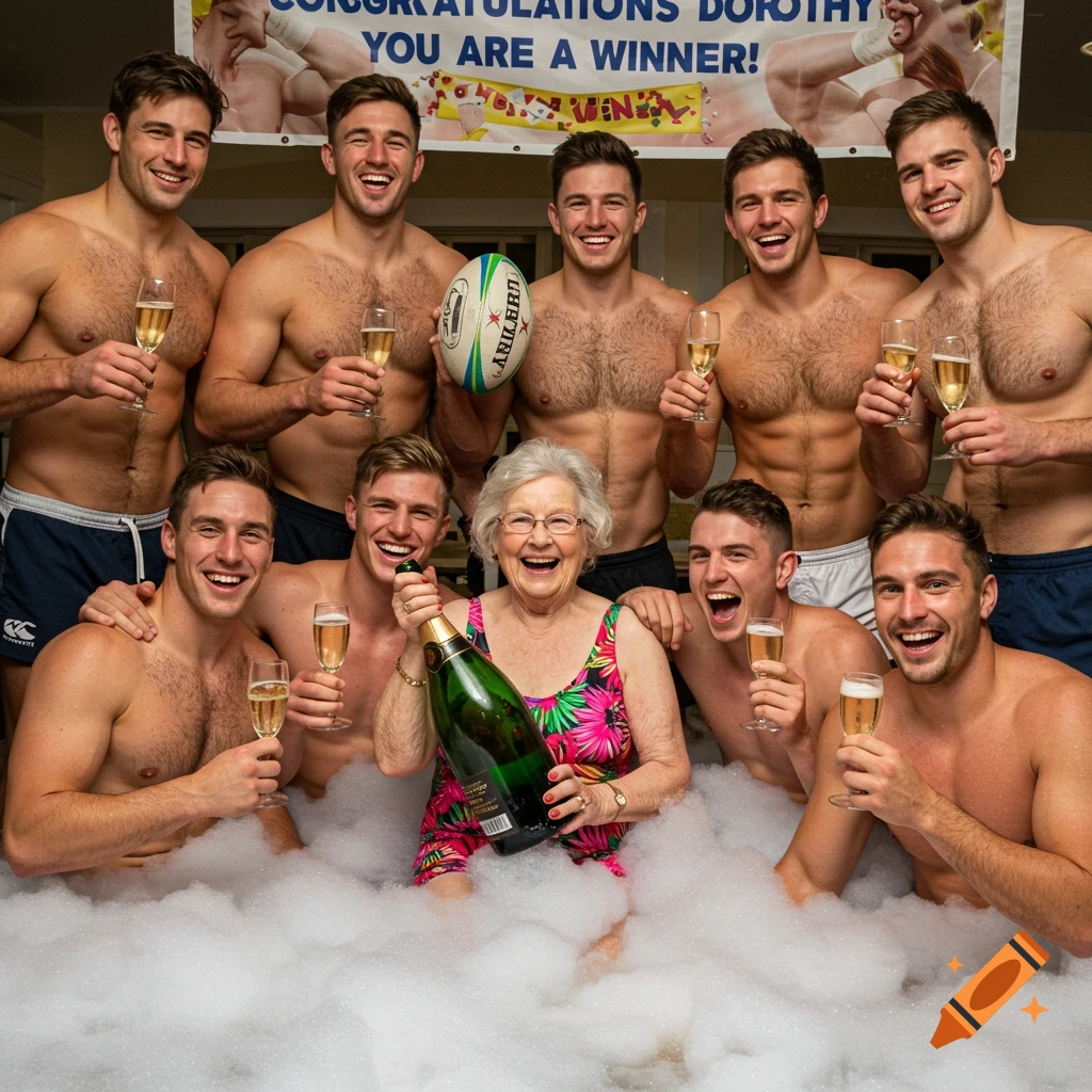 A grinning old lady in a swimsuit holds champagne with a shirtless rugby team in a bubbly bath. A banner reads "Congratulations Dorothy".