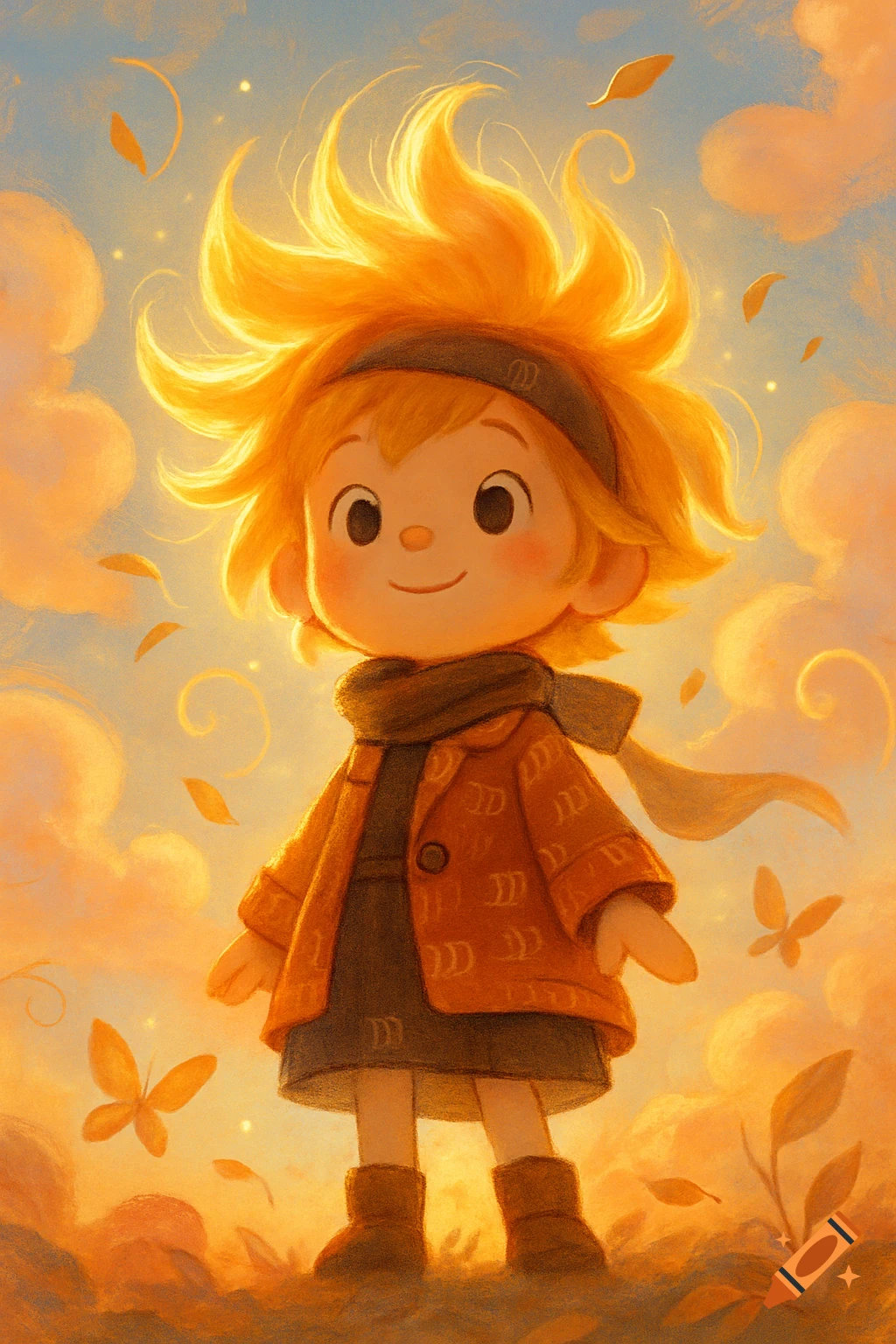 A cute animated child with spiky golden hair and rosy cheeks wears a scarf and an orange patterned jacket, standing in a sunny, golden autumn field with falling leaves and butterflies.