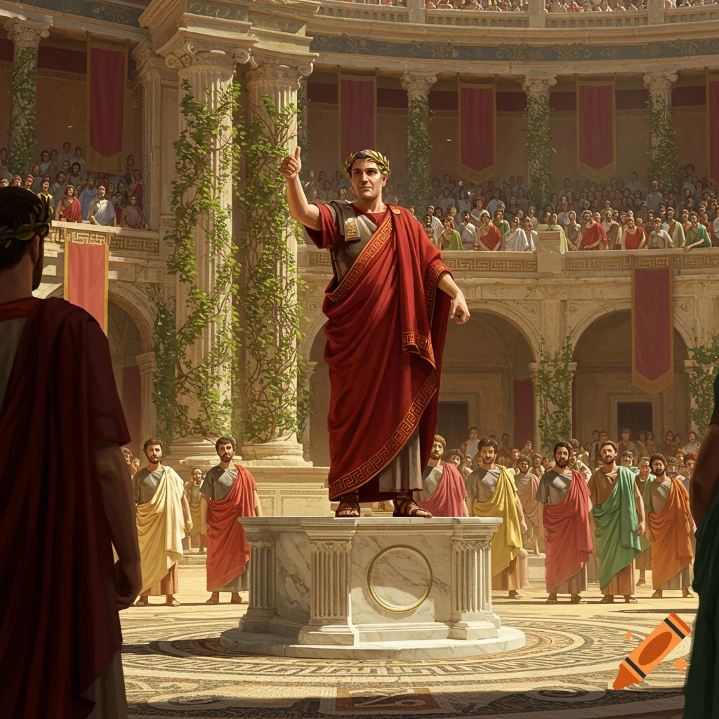 A Roman emperor in a red toga and laurel wreath stands on a pedestal, giving a thumbs-up gesture to a large crowd in an ancient coliseum.