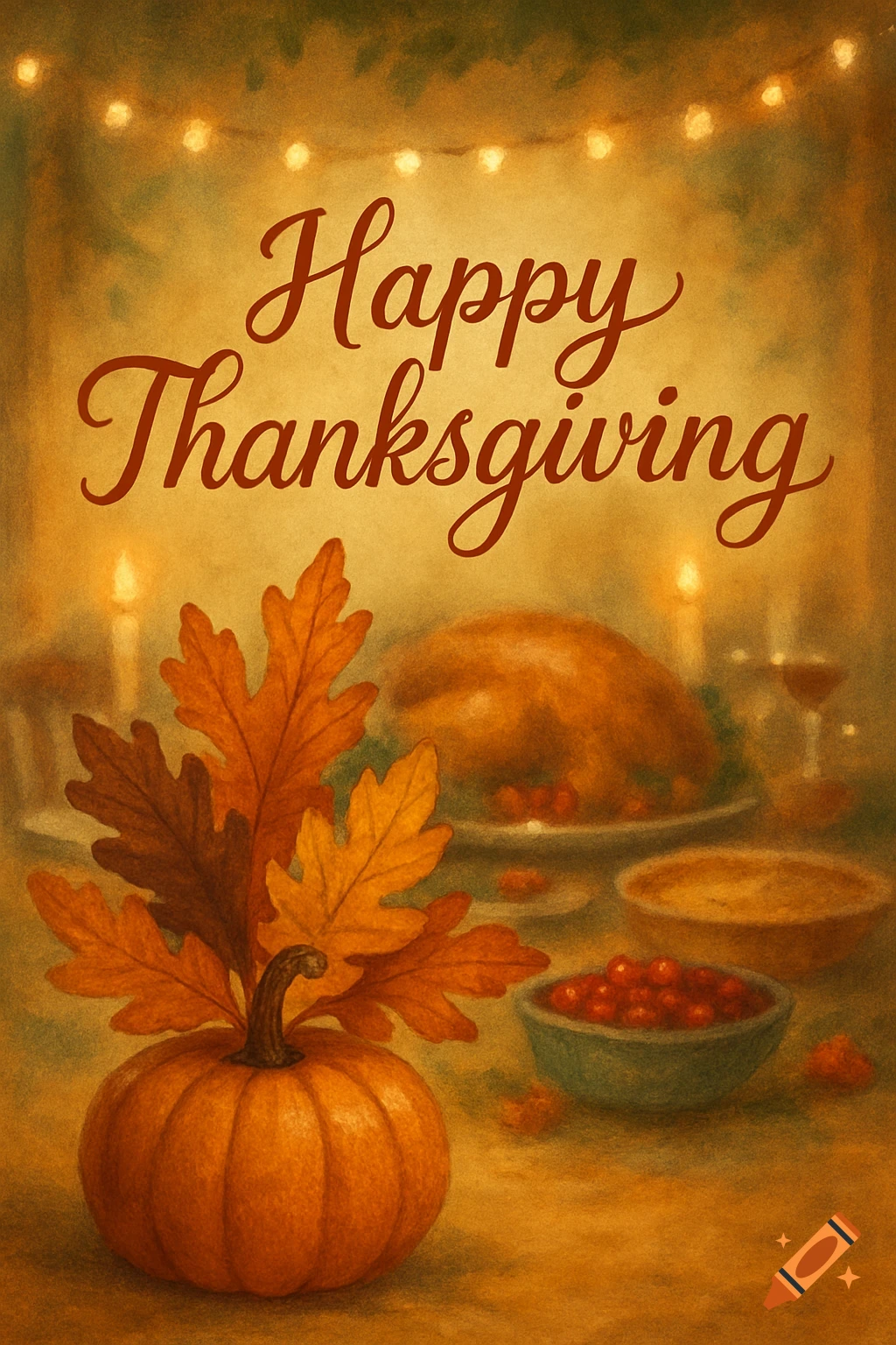 Painterly Thanksgiving card with 'Happy Thanksgiving' text, a pumpkin, autumn leaves, and a table set with a turkey and food.