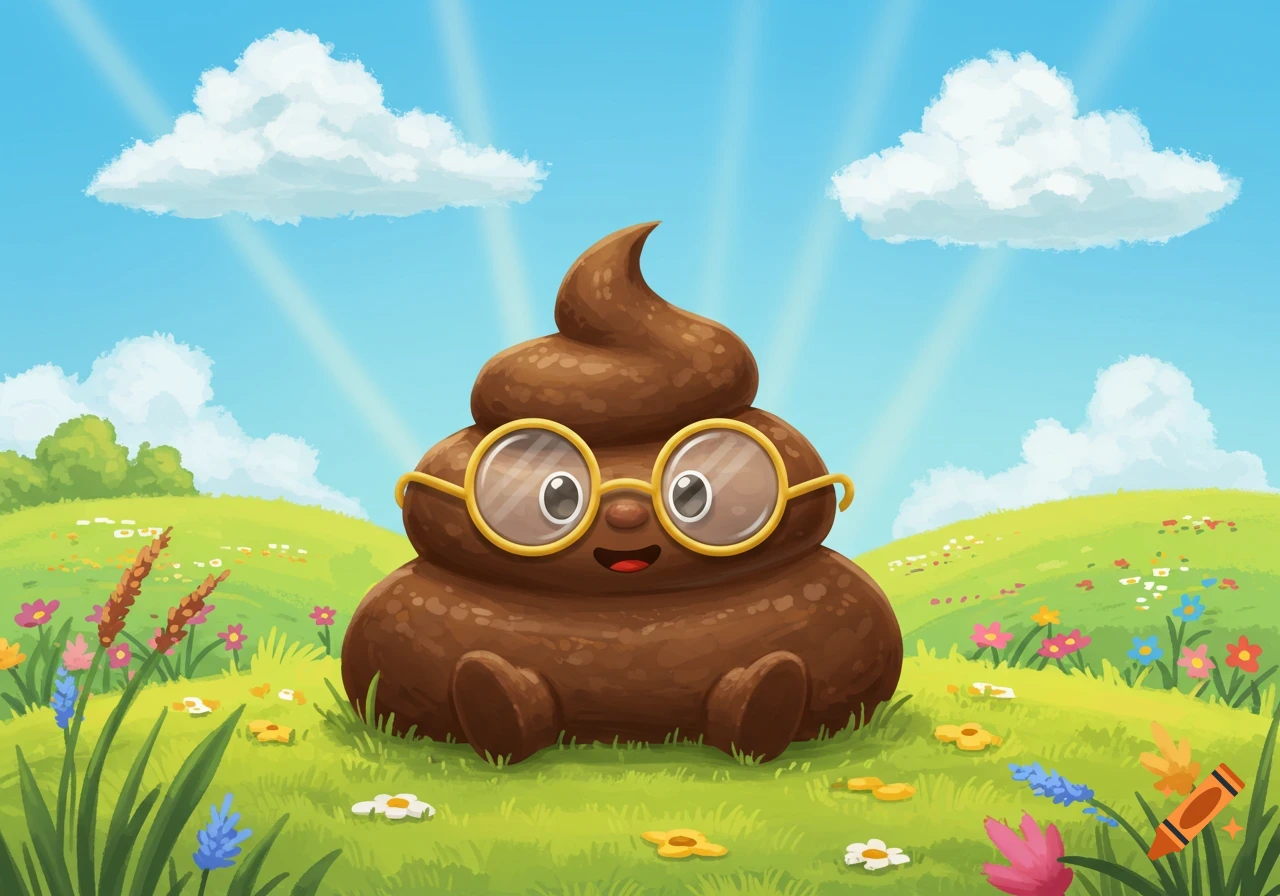 A smiling cartoon poop emoji with round yellow glasses sits in a vibrant green field with colorful wildflowers under a blue sky.