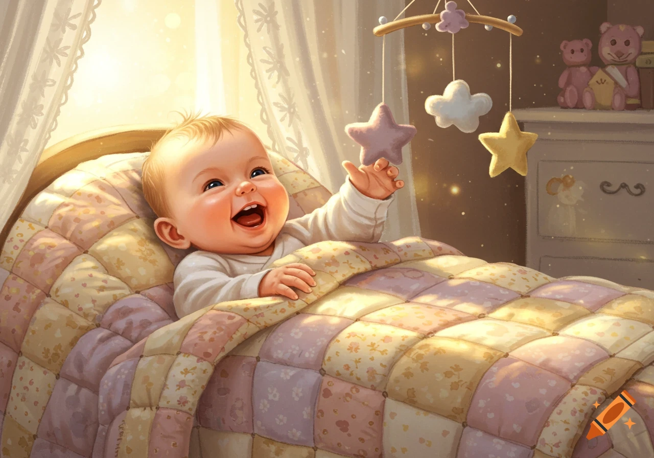 A joyful baby in a crib reaches for a star mobile, bathed in warm, sunny light, in a digital illustration.