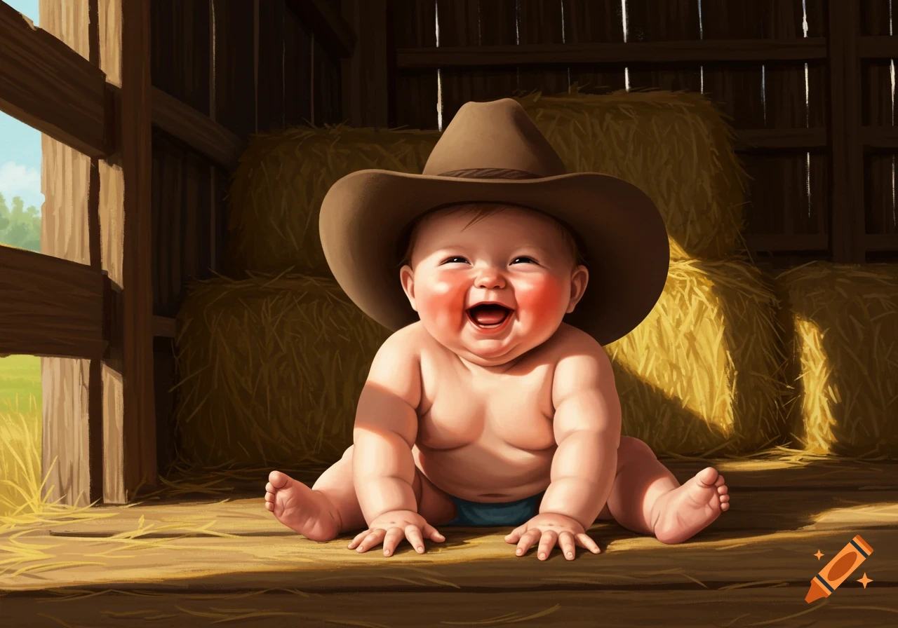 A happy baby wearing a brown cowboy hat sits on hay bales inside a barn, smiling widely.