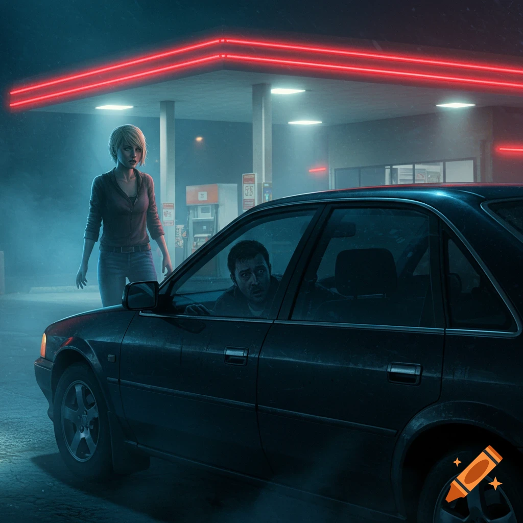 Scared man hides in a black car from a blonde woman at a neon-lit gas station at night, digital art.