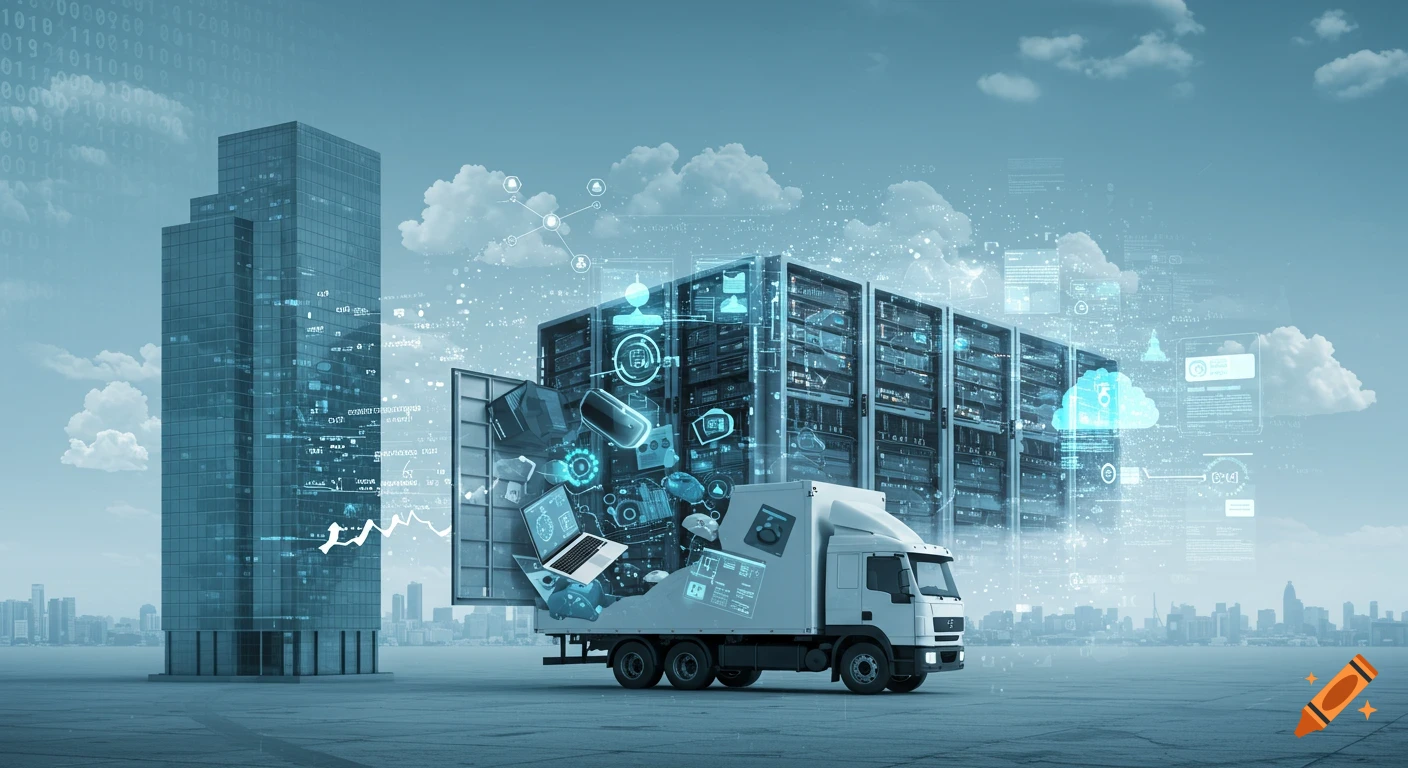 A truck with an open container revealing glowing server racks, laptops, and floating data, driving in a cityscape with a tall building, symbolizing IT migration.