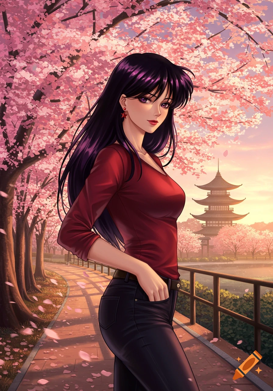 Anime-style woman with long dark hair, wearing a red shirt and dark pants, standing on a path lined with cherry blossom trees and a pagoda in the background at sunset.