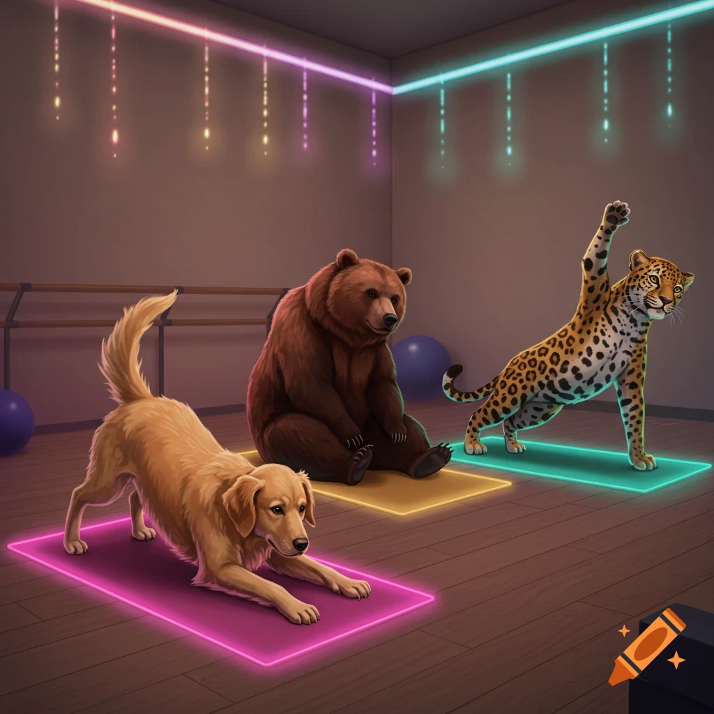 A golden retriever, bear, and leopard do yoga on glowing neon mats in an LED-lit studio.