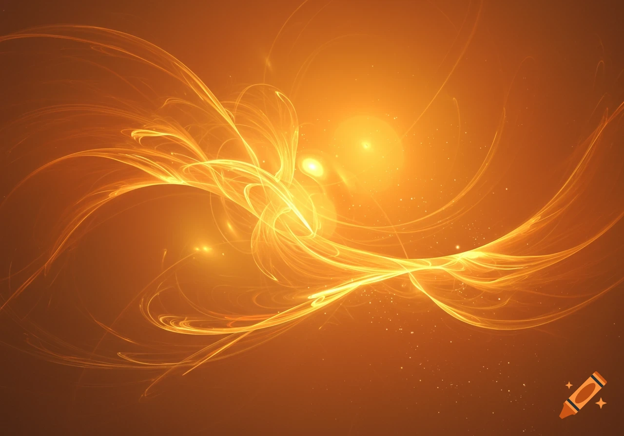 Abstract golden and orange light streaks glow with shimmering particles against a warm, gradient background.