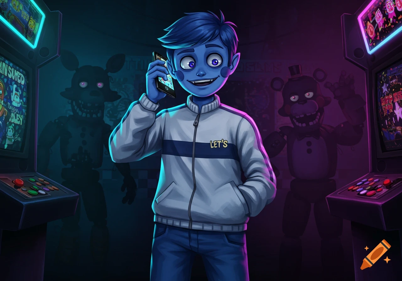 A blue-skinned boy in a tracksuit talks on a phone in a dark arcade with shadowy FNAF animatronics in the background.
