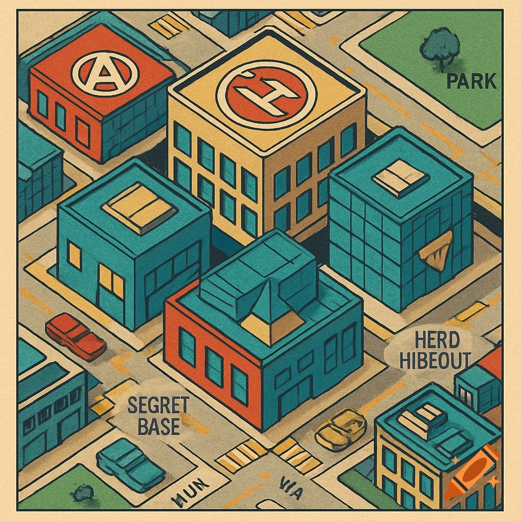 Isometric urban city block map in retro comic book style, with ...