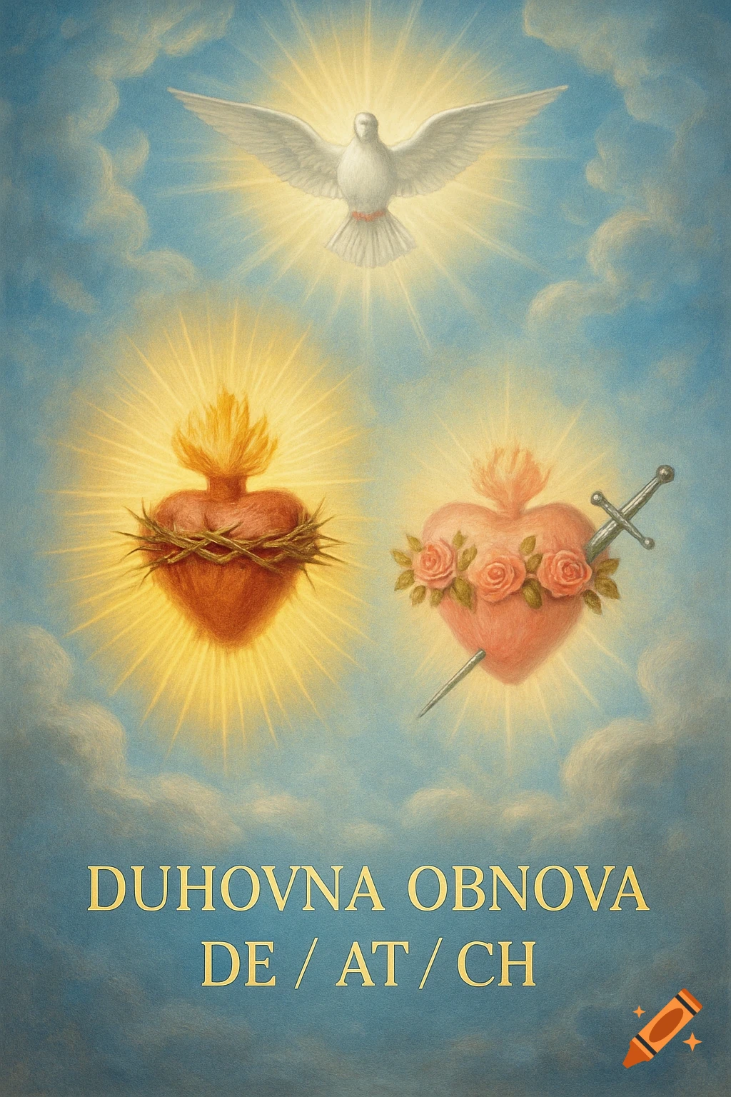A white dove, two hearts (one with thorns and flame, one with roses and a sword), and text on a cloudy blue sky.