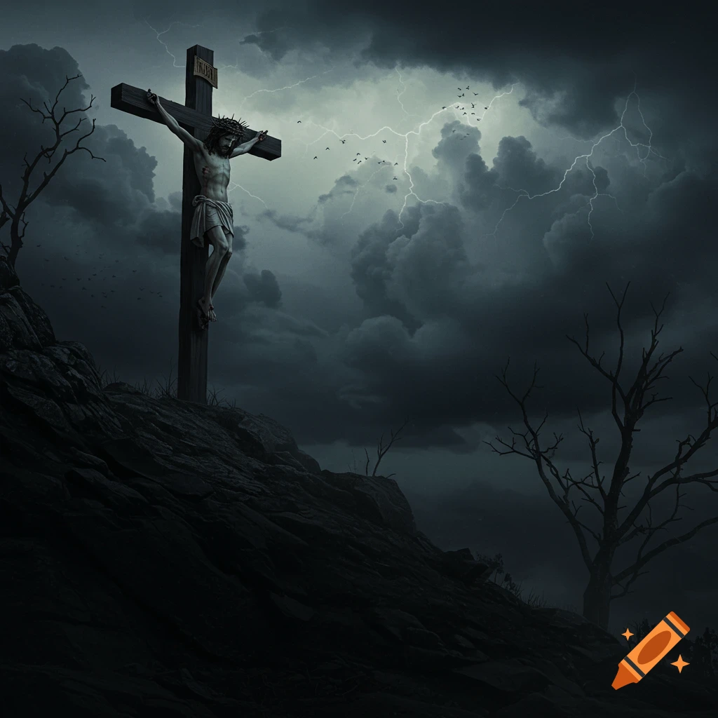 Jesus Christ is crucified on a dark wooden cross on a rocky hill under a stormy, lightning-filled sky.
