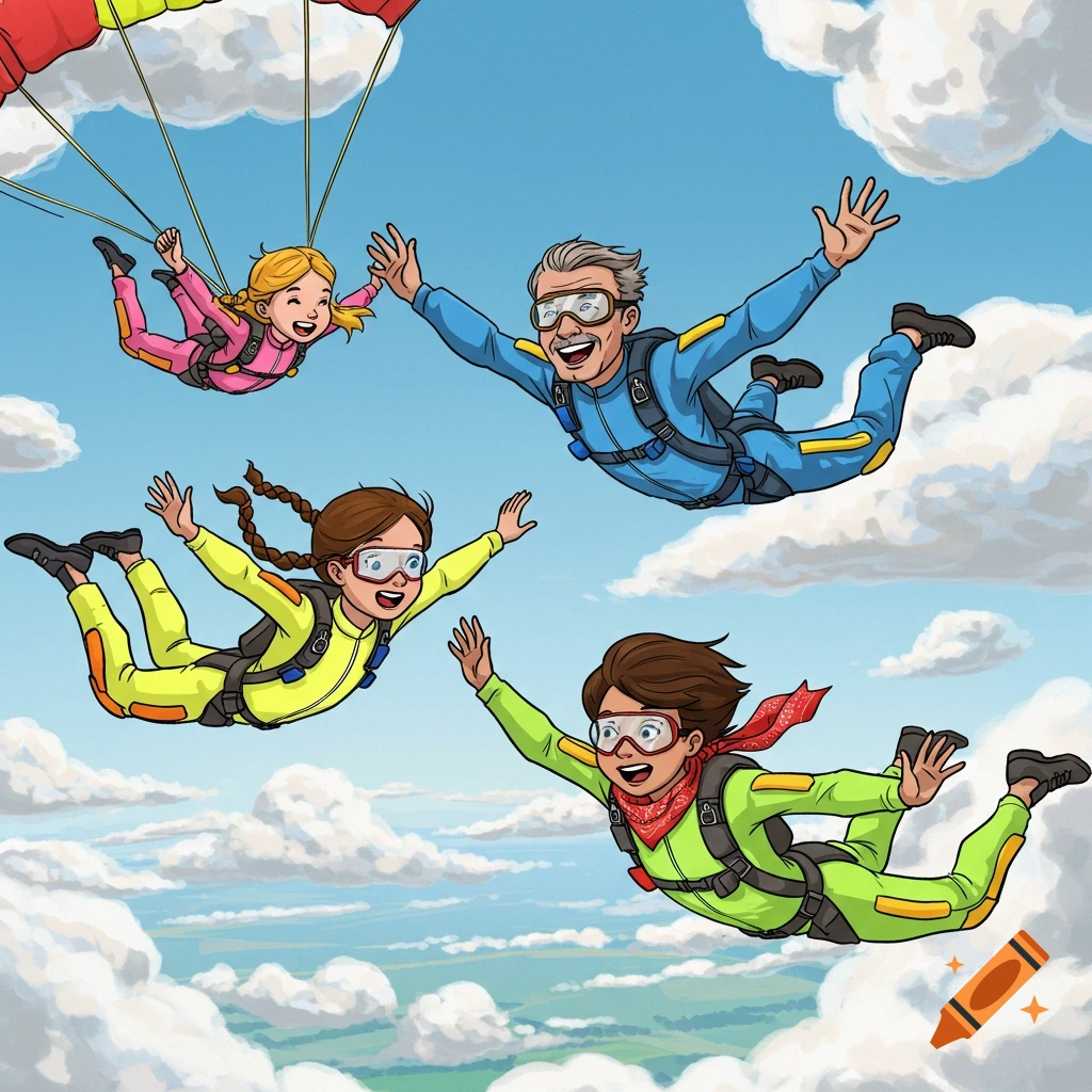 Four happy cartoon characters skydiving, a man and three children, against a blue sky with fluffy white clouds.