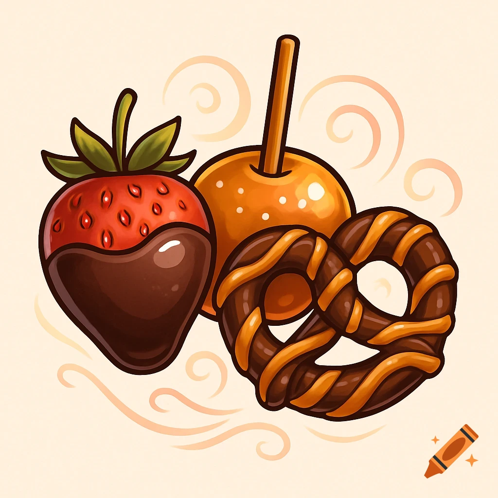 A chocolate-dipped strawberry, a caramel apple, and a chocolate-drizzled pretzel in a vibrant illustration.
