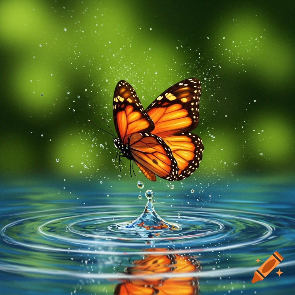 A vibrant orange and black monarch butterfly hovers over a blue pool of water with a single water droplet splashing upwards, creating ripples. Green bokeh background.