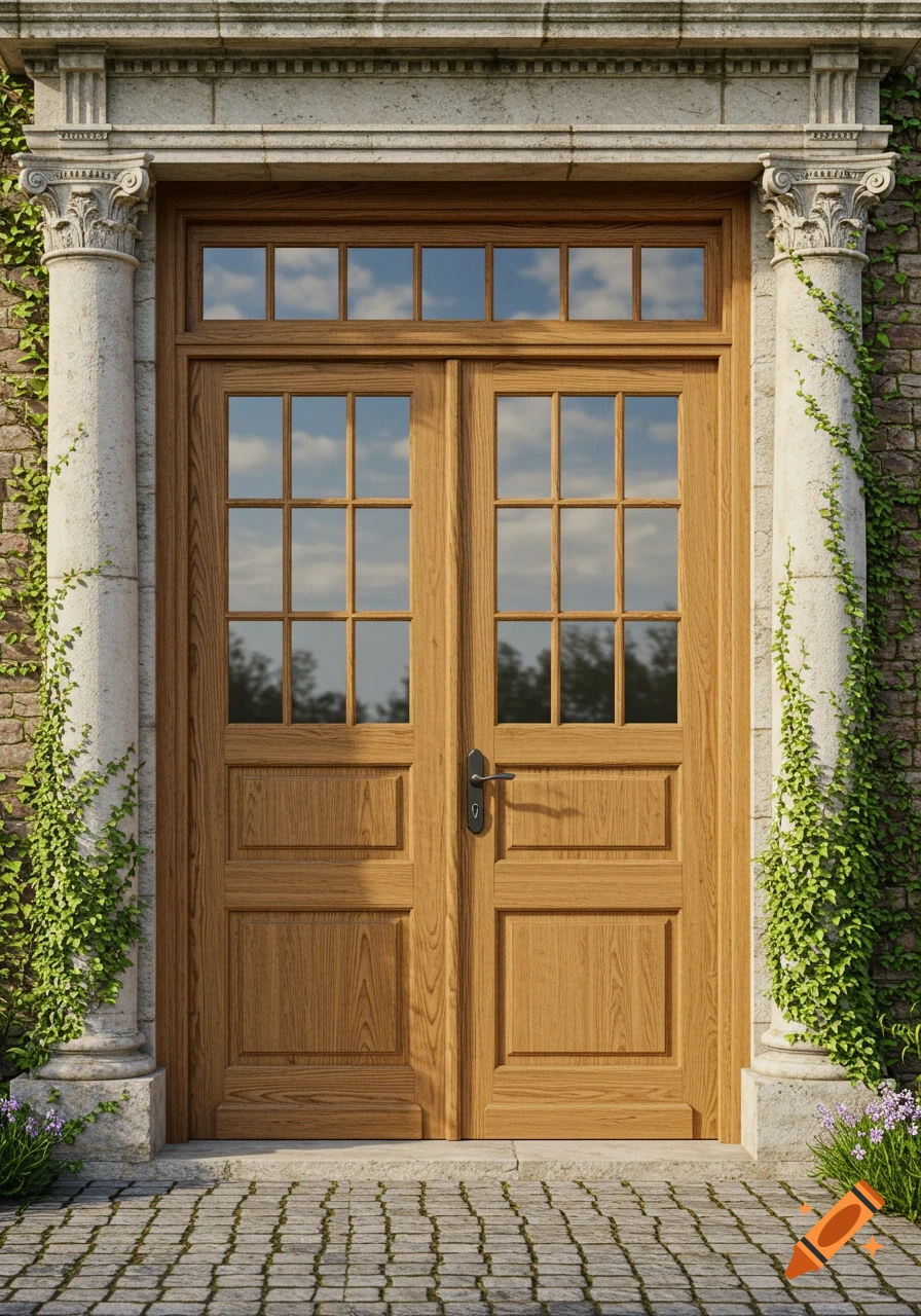 A grand wooden double door with glass panes, flanked by ivy-covered stone columns and a cobblestone path.