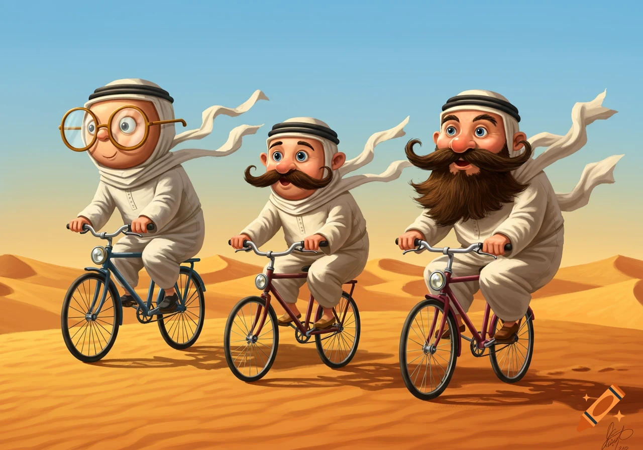 Three whimsical cartoon men in traditional Arabic clothing, one with glasses, one with a mustache, and one with a beard, ride bicycles across a sunny desert with sand dunes.