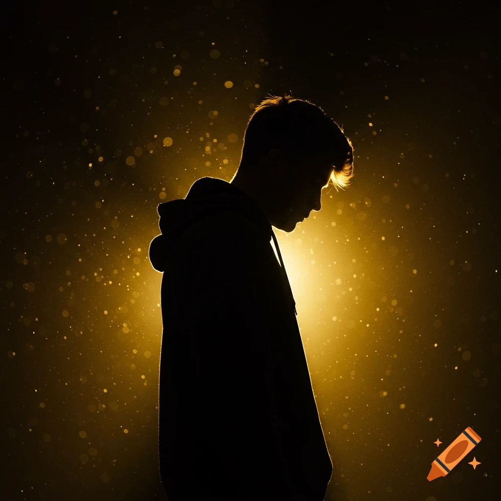 Silhouette of a person with head bowed, illuminated by a warm golden light with floating particles against a dark background, in a cinematic style.