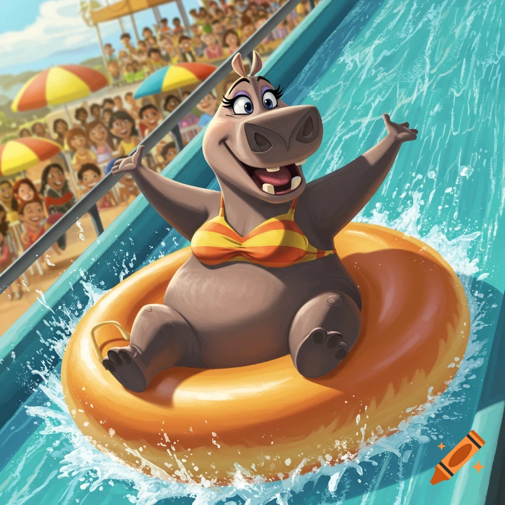 A happy cartoon hippo in a striped bikini, riding an orange innertube down a blue waterslide with water splashing. A blurry crowd and umbrellas are in the sunny background.