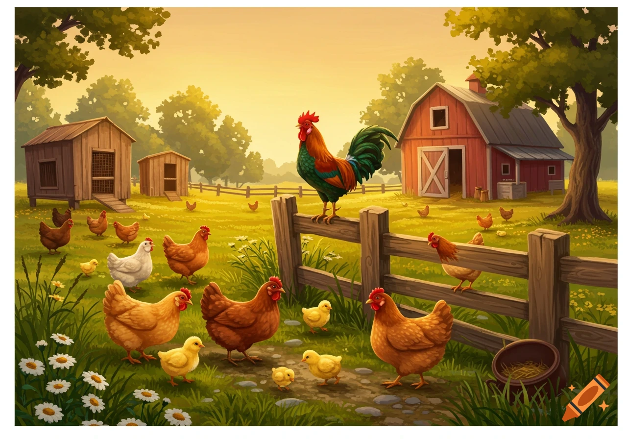 Stylized illustration of chickens, chicks, and a rooster on a grassy farm with a red barn and coops at sunset.