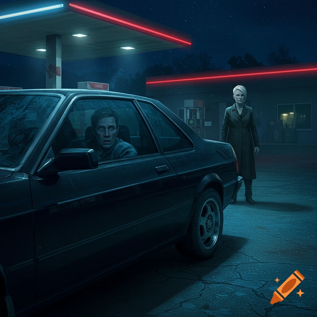 A scared man looks back from inside his dark car at a serious woman standing outside a gas station at night.