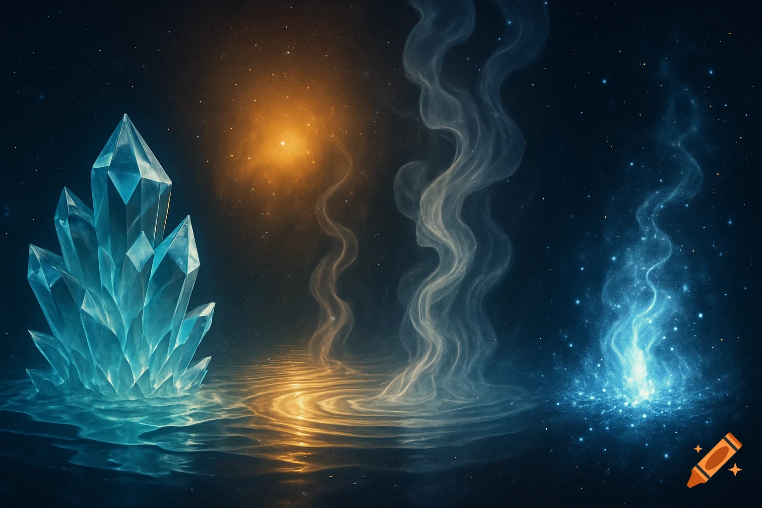 A large, glowing blue crystal rises from rippling water with orange light and swirling smoke against a starry dark background.