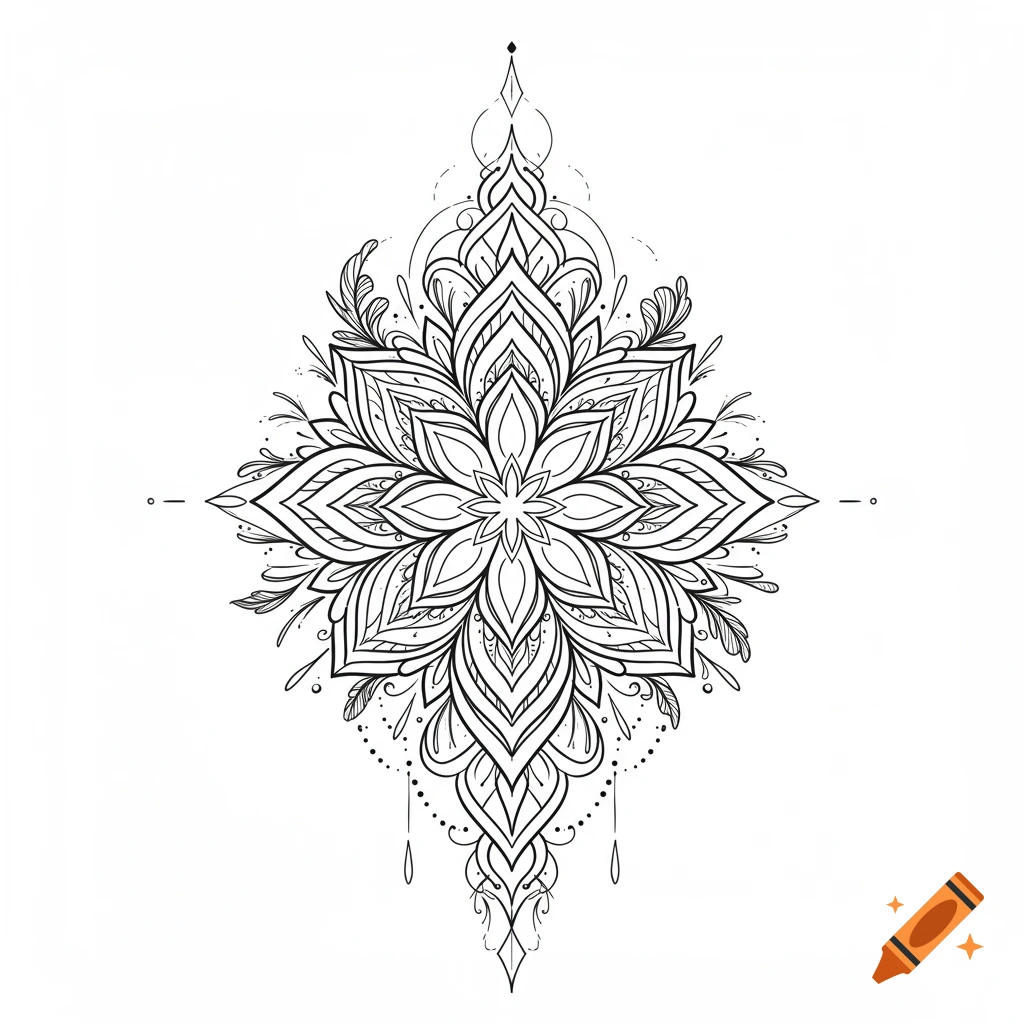 Intricate black and white symmetrical floral mandala outline design.