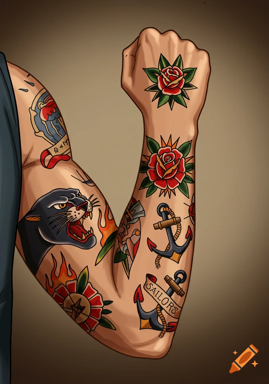 A comic-style arm flexed, covered in colorful old school tattoos including a panther, anchors, roses, and the word 'SAILORS'.