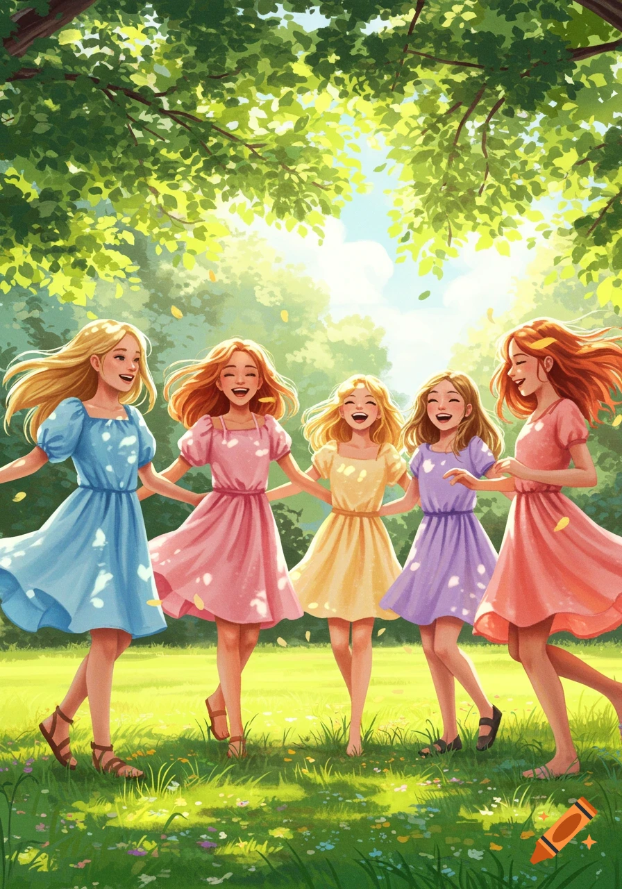 Five joyful girls with flowing hair laugh and hold hands while running through a sunny, green meadow under lush trees in a vibrant illustration.