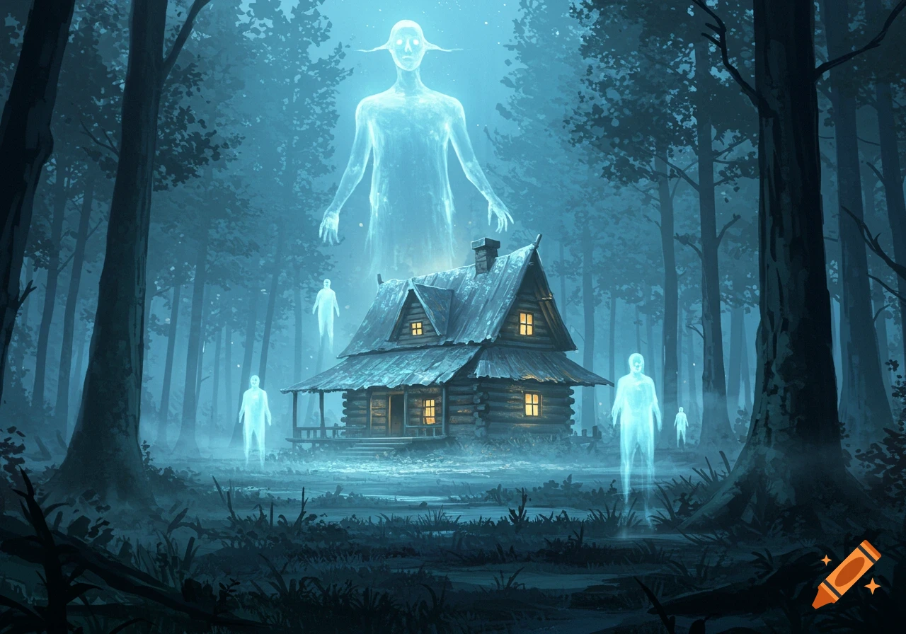 A dark, misty forest at night with a glowing log cabin. Several translucent blue ghost figures float, one towering over the trees and cabin.
