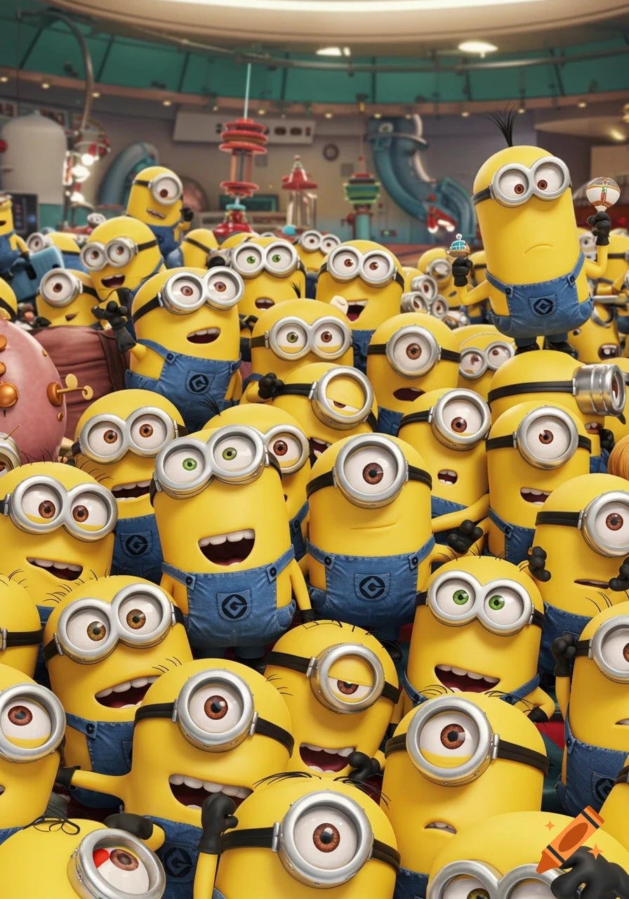 A dense crowd of yellow Minion characters in blue overalls and goggles, smiling in a bright cartoon lab.