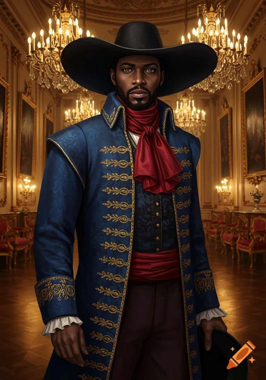 Photorealistic portrait of a Black man in a wide-brimmed black hat, blue coat with gold trim, and red cravat in an opulent room.