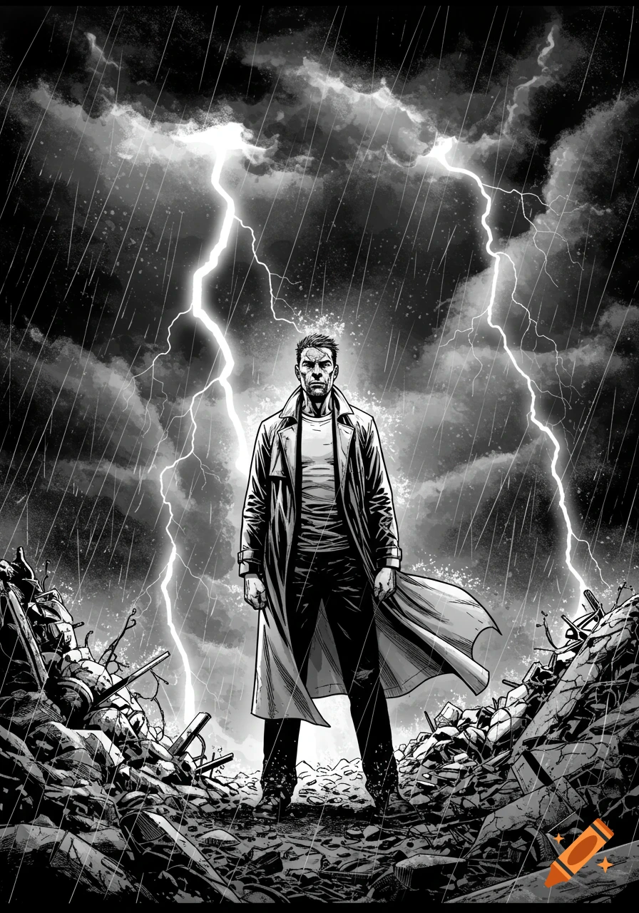 A grim man in a trenchcoat stands in a stormy, rubble-filled landscape under lightning in black and white comic art.