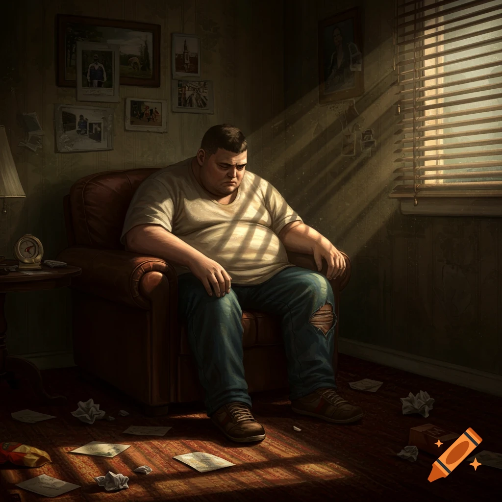 A sad, overweight man sits alone in a dim armchair in a messy room, with sunlight streaming through blinds.